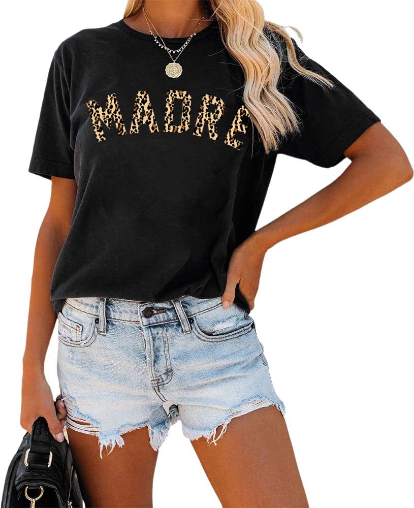 Womens Madre Leopard Print T-Shirts Short Sleeve Mama Shirts Cheetah Mom Graphic Tees Tops