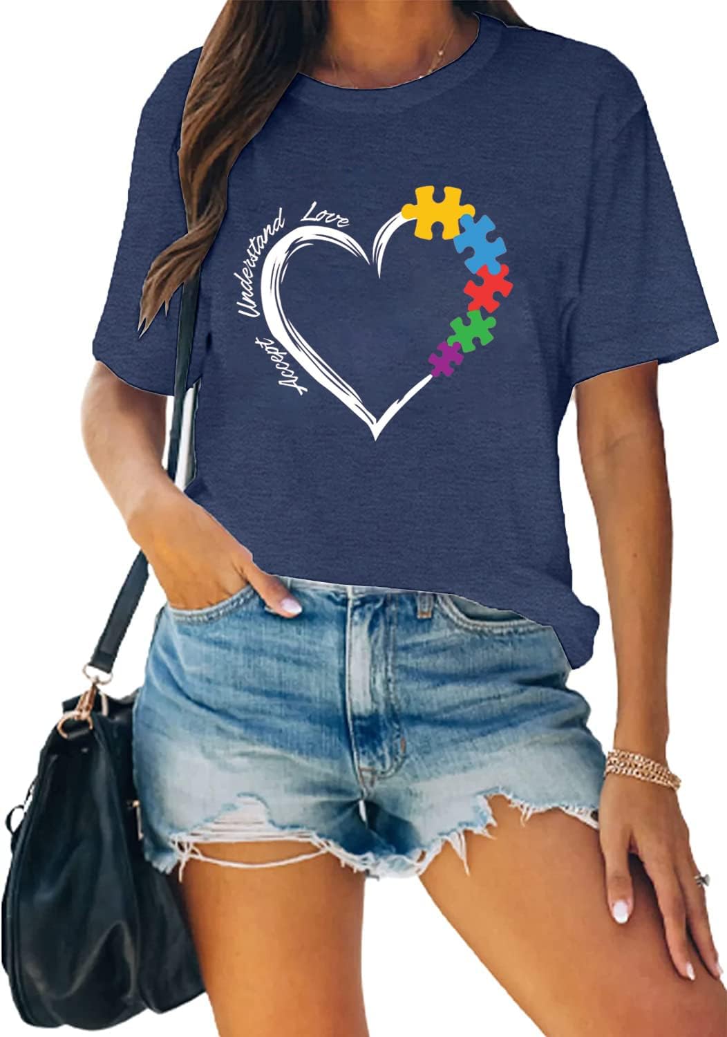 Autism Teacher Shirt Women's Autism Awareness Tshirt Accept Understand Love Tee Puzzle Piece Graphic Short Sleeve Top