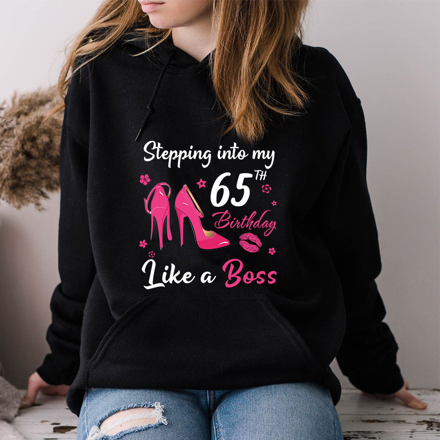 Stepping into my 65th Birthday Like a Boss, 65th birthday unique gifts for woman, 65th birthday ideas, Turning 65 years old cotton shirt