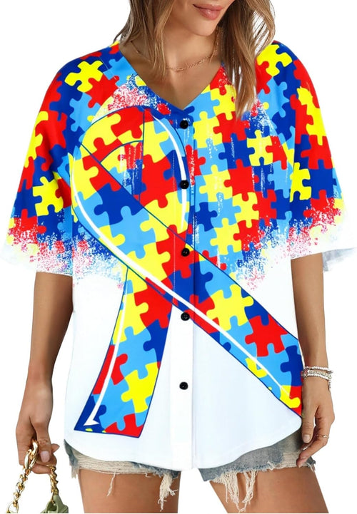 Autism Awareness Shirt for Women Autism Teacher T Shirt Autism Support Tee Causal Short Sleeve Button Up Tops
