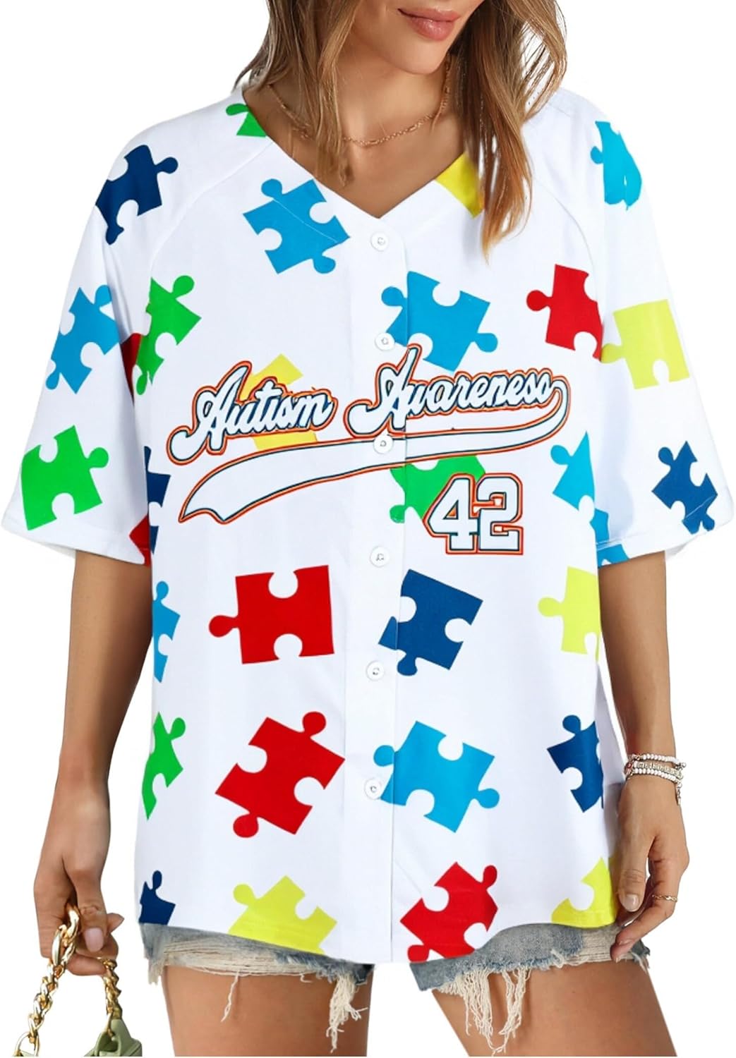 Autism Awareness Shirt for Women Autism Teacher T Shirt Autism Support Tee Causal Short Sleeve Button Up Tops