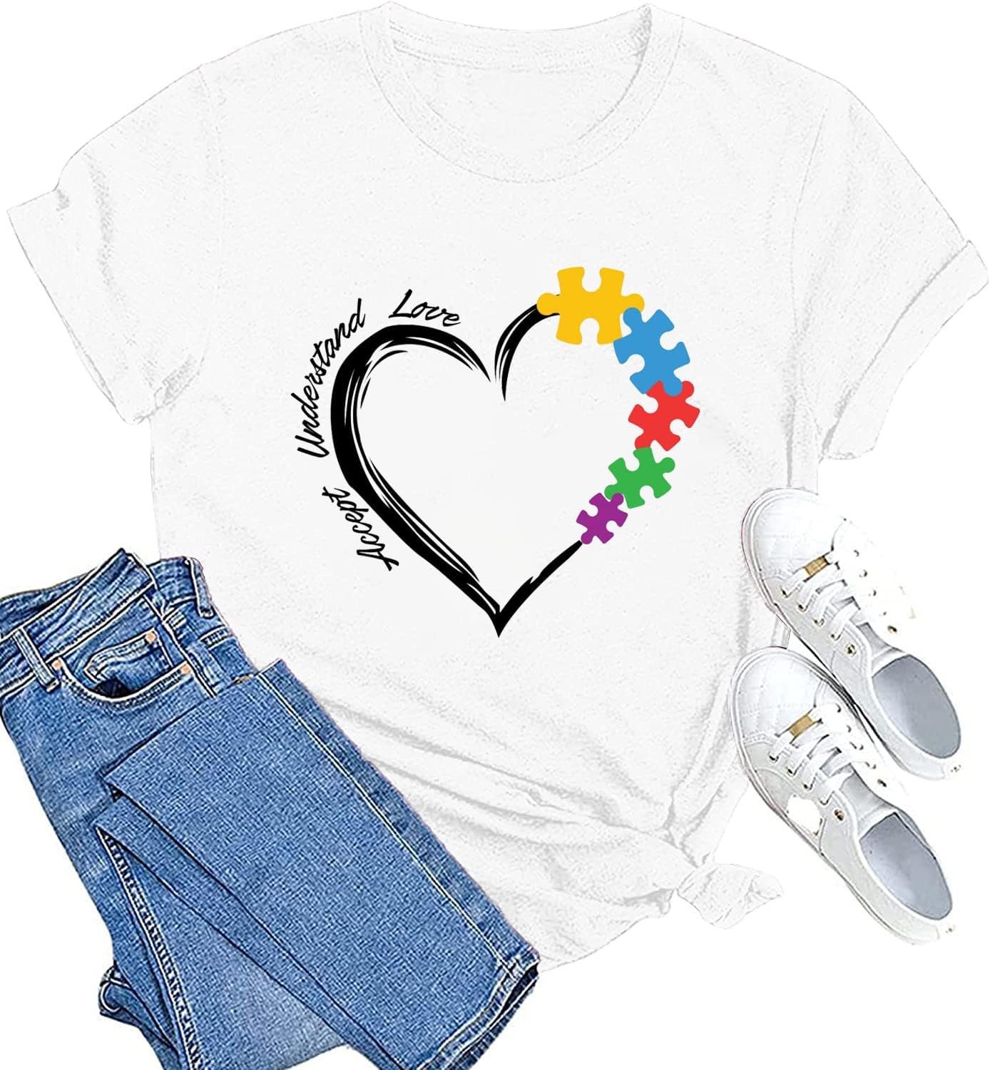 Autism Teacher Shirt Women's Autism Awareness Tshirt Accept Understand Love Tee Puzzle Piece Graphic Short Sleeve Top