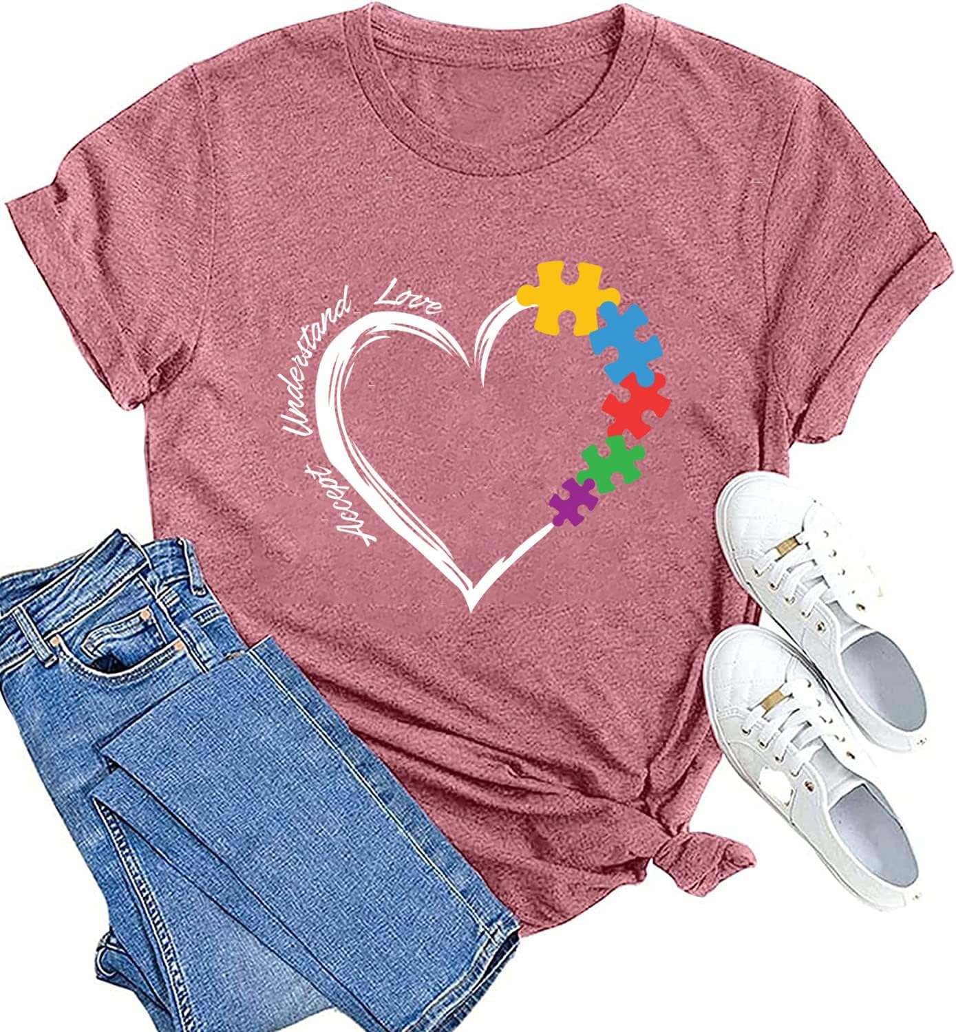 Autism Teacher Shirt Women's Autism Awareness Tshirt Accept Understand Love Tee Puzzle Piece Graphic Short Sleeve Top