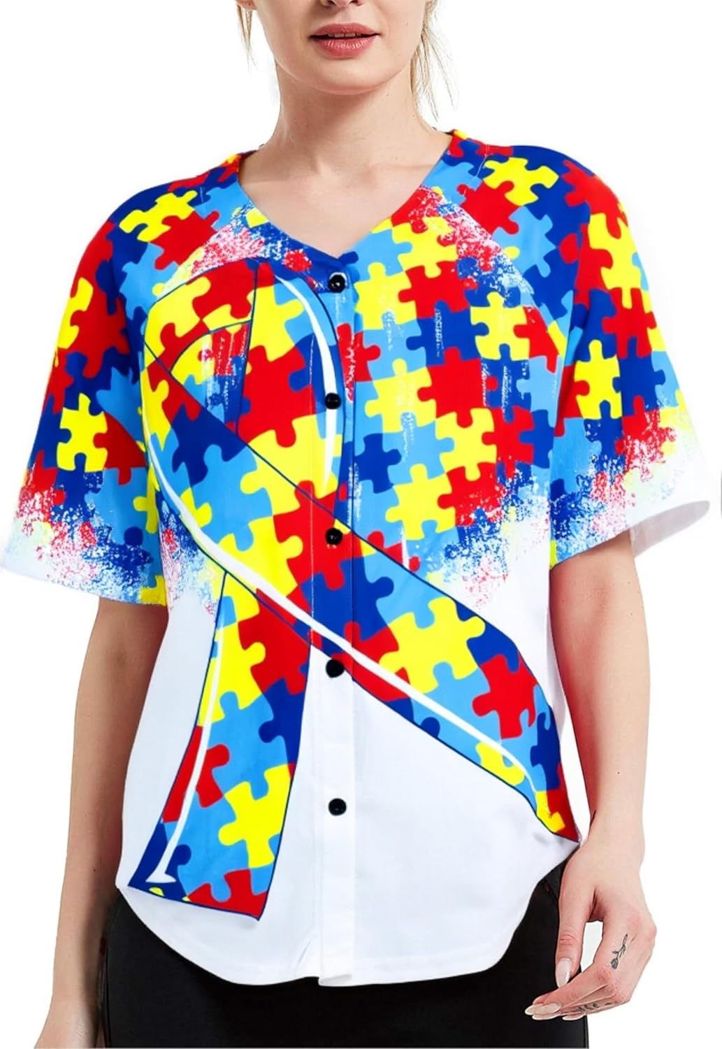 Autism Awareness Shirt for Women Autism Teacher T Shirt Autism Support Tee Causal Short Sleeve Button Up Tops