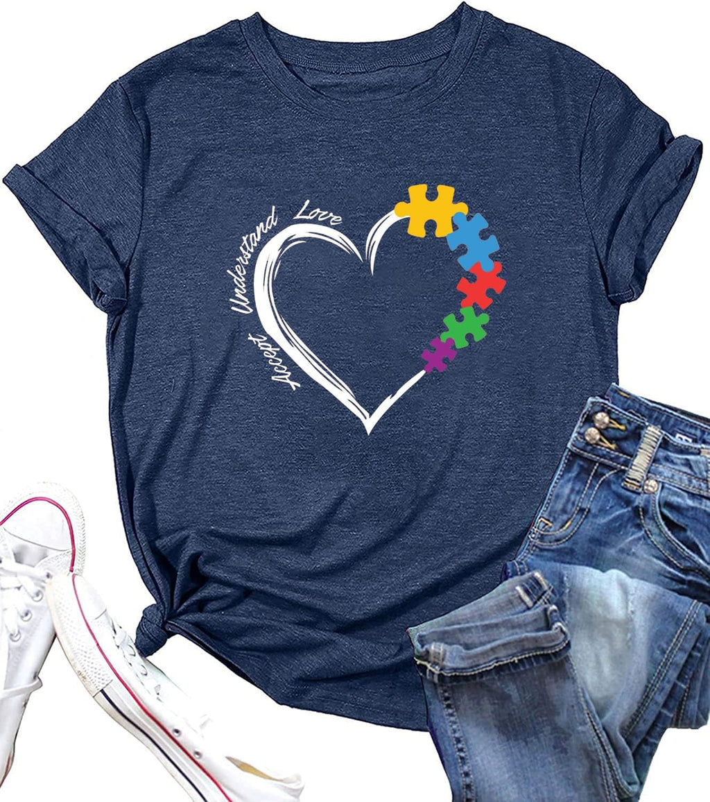 Autism Teacher Shirt Women's Autism Awareness Tshirt Accept Understand Love Tee Puzzle Piece Graphic Short Sleeve Top