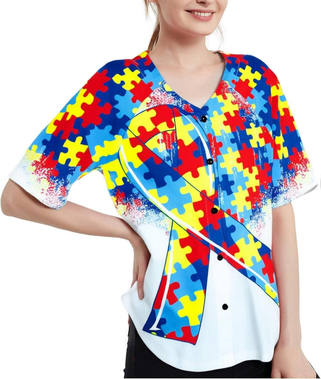 Autism Awareness Shirt for Women Autism Teacher T Shirt Autism Support Tee Causal Short Sleeve Button Up Tops
