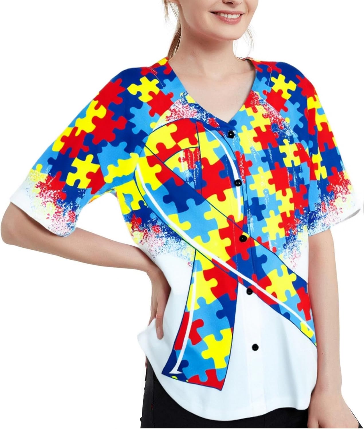 Autism Awareness Shirt for Women Autism Teacher T Shirt Autism Support Tee Causal Short Sleeve Button Up Tops
