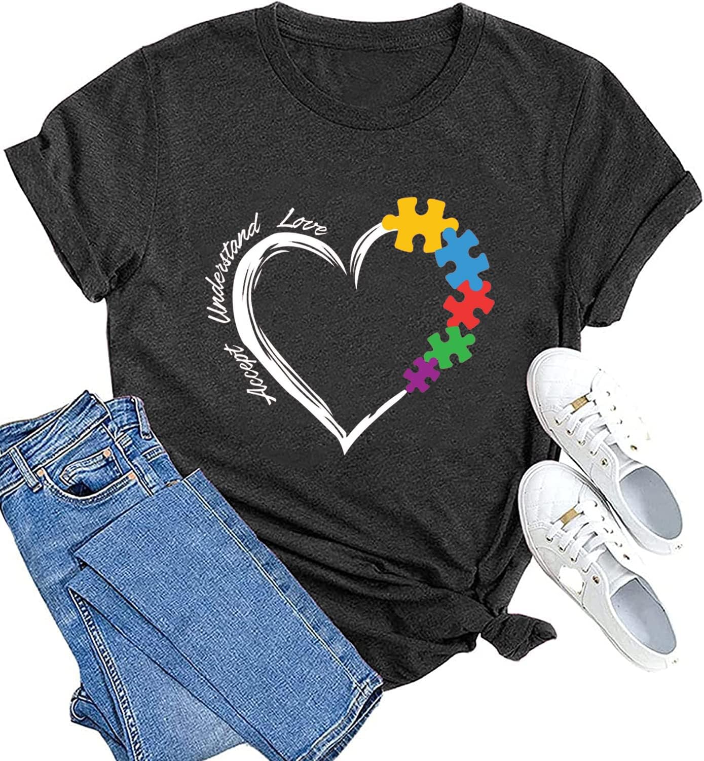 Autism Teacher Shirt Women's Autism Awareness Tshirt Accept Understand Love Tee Puzzle Piece Graphic Short Sleeve Top