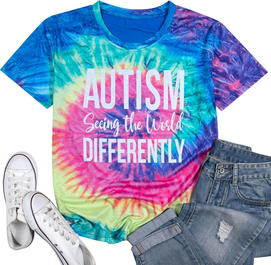 ASTANFY Autism Awareness Shirt Women Autism Seeing The World Differently T-Shirt Casual Bleached Inspirational Tee Tops